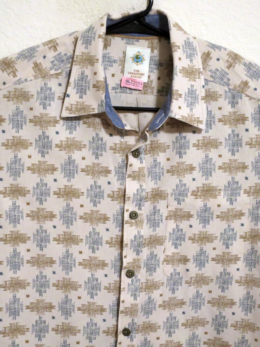 Territory Ahead Shirt Men Large Long Sleeve Button White Brown Blue Linen Blend